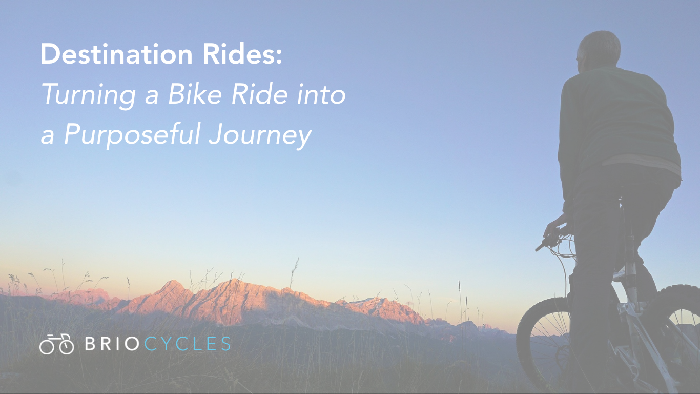 Blog image for article on destination rides on Brio Cycles website showing person on bike looking at mountain top